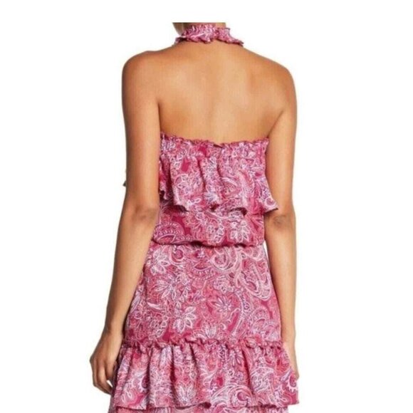 Parker Floral Pink Paisley Halter Mini Dress Ruffles Flirty Feminine Size Small - Picture 2 of 11
